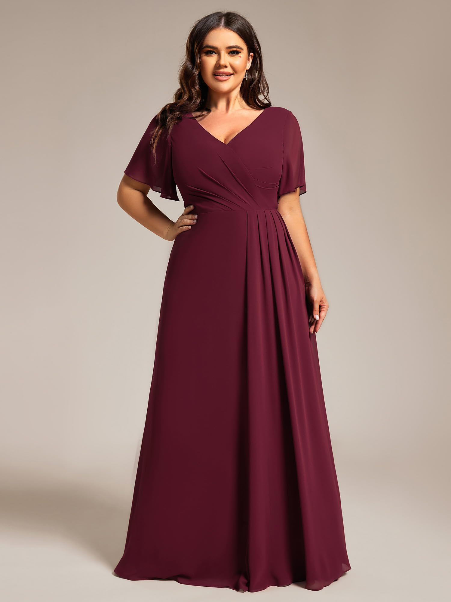 Ever-Pretty Plus Donne Scollo A V Chiffon Increspato Increspature Maniche Spacco Laterale Piano Lunghezza Plus Size Abiti da Damigella D'Onore S0050-DA