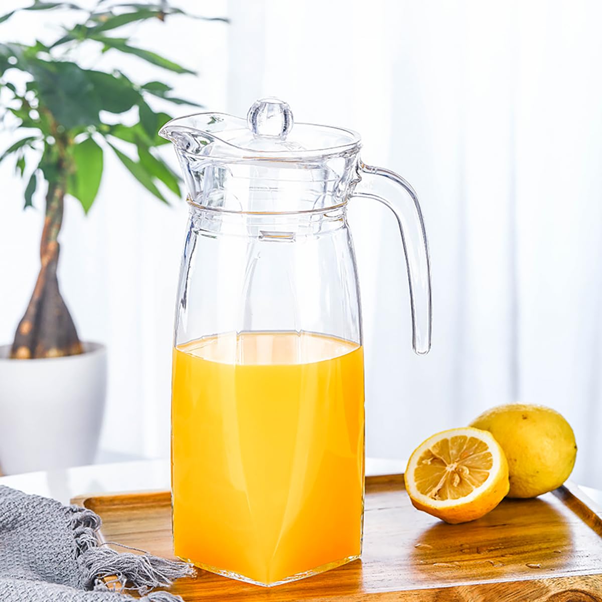 Paquete de 2 jarras de plástico de 42 onzas con tapa, jarra de agua de acrílico transparente, recipiente irrompible para bebidas para té helado, limonada y jugo 5