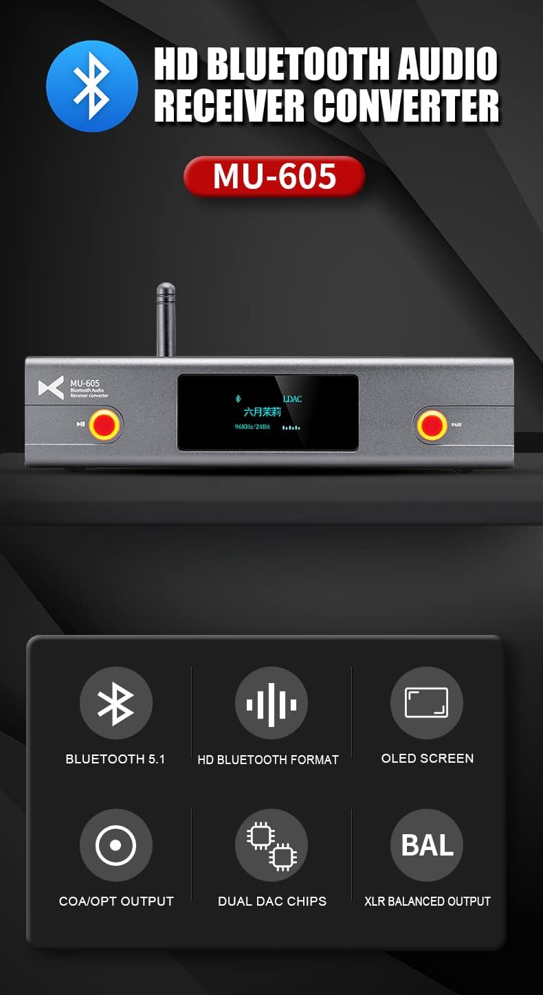 Fanmusic XDUOO MU-605 HD Bluetooth 5.1 Dual DAC Chip Audio Receiver Converter PCM24Bit/96kHz Support SBC AAC aptX aptX LL aptX HD LDAC