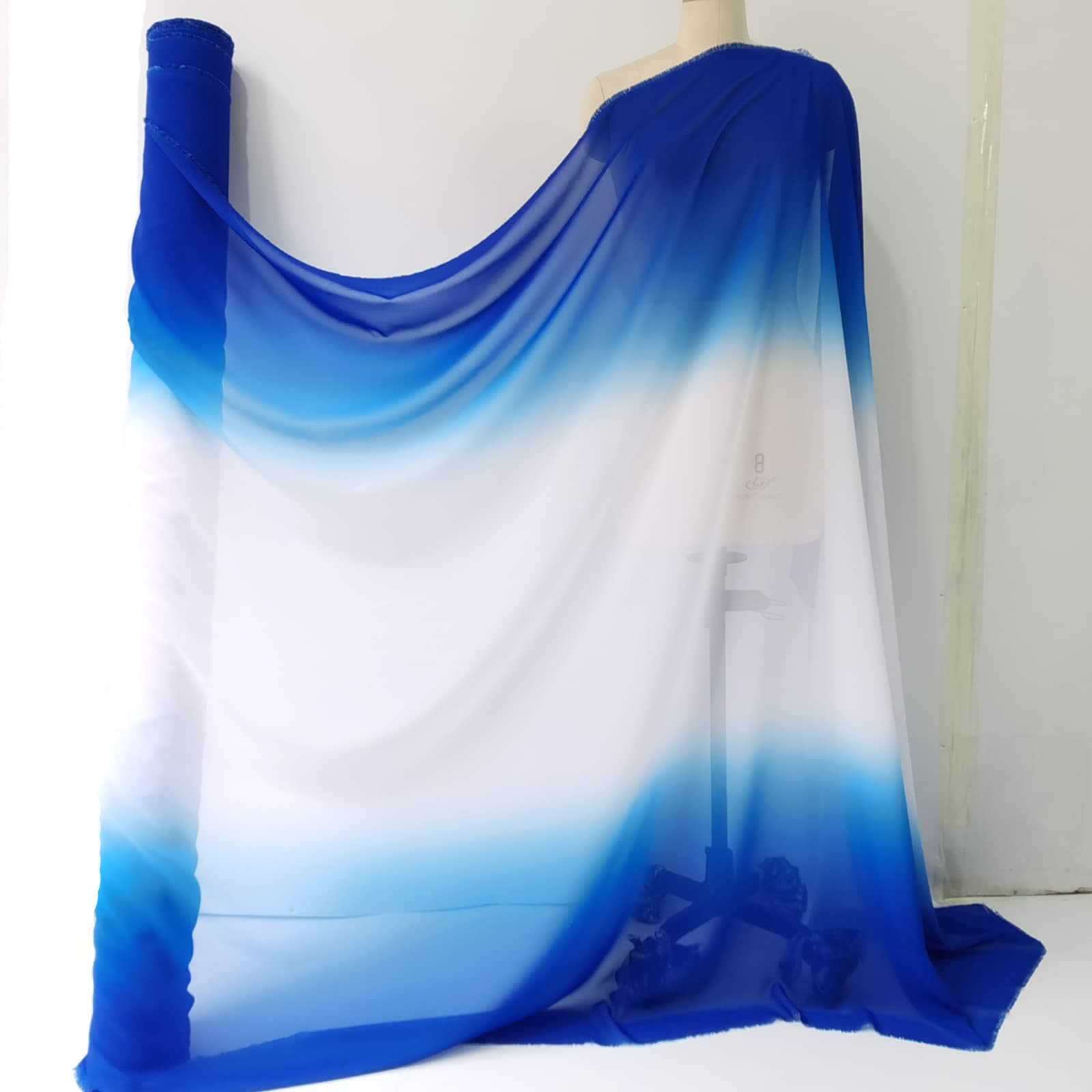 100D 3 Tone Ombre Chiffon Fabric Gradual Gradient Chiffon Material Dancing Dress Scarf Stage Shaded Color Chiffon Fabric Sewing Material (Blue White Blue)