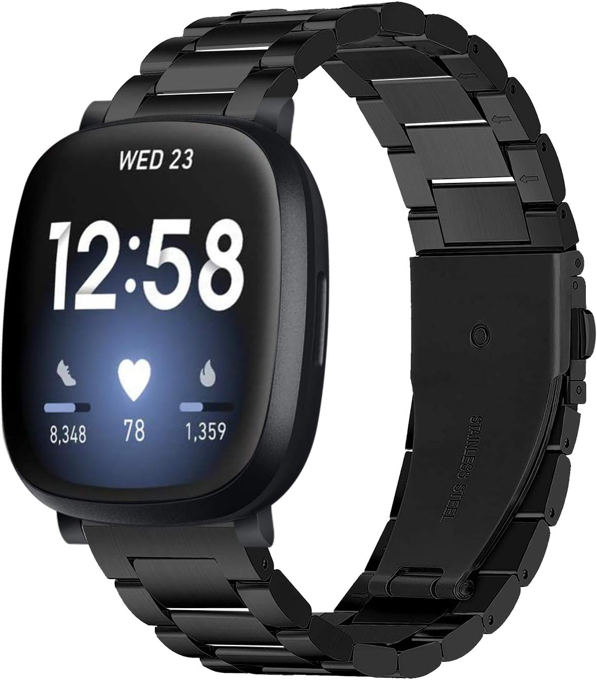 Kapa Metal Bands Compatible with Fitbit Sense/Versa 3, Solid Stainless Steel Replacement Strap Bracelet with Metal Buckle Clasp for Sense/Versa 3 (Black)
