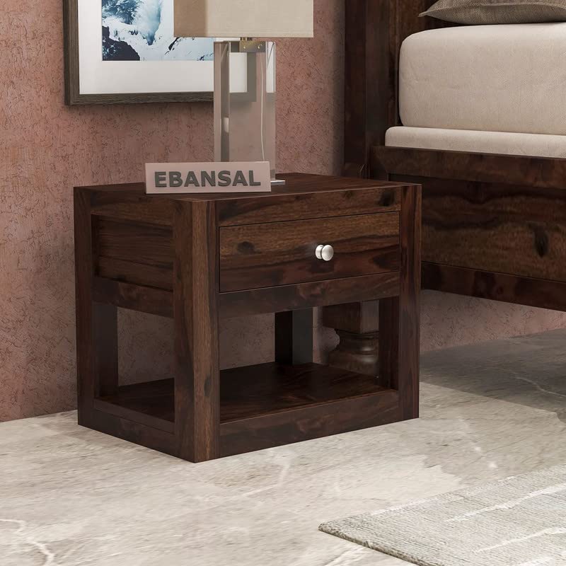 Image of Solid Wood Sheesham End Table with 1 Drawer and 1 Open Shelf Modern Design - Walnut Finish