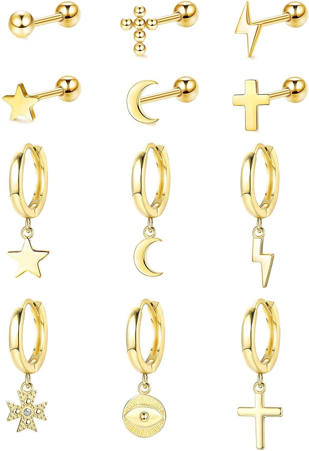 MILACOLATO12Pcs 316L Acero inoxidable Luna Estrella Pendientes de botón Pendientes de Aro Colgantes para Mujeres Hombres CZ Cartílago de gota Joyería Pequeño Pendientes Aros Oro