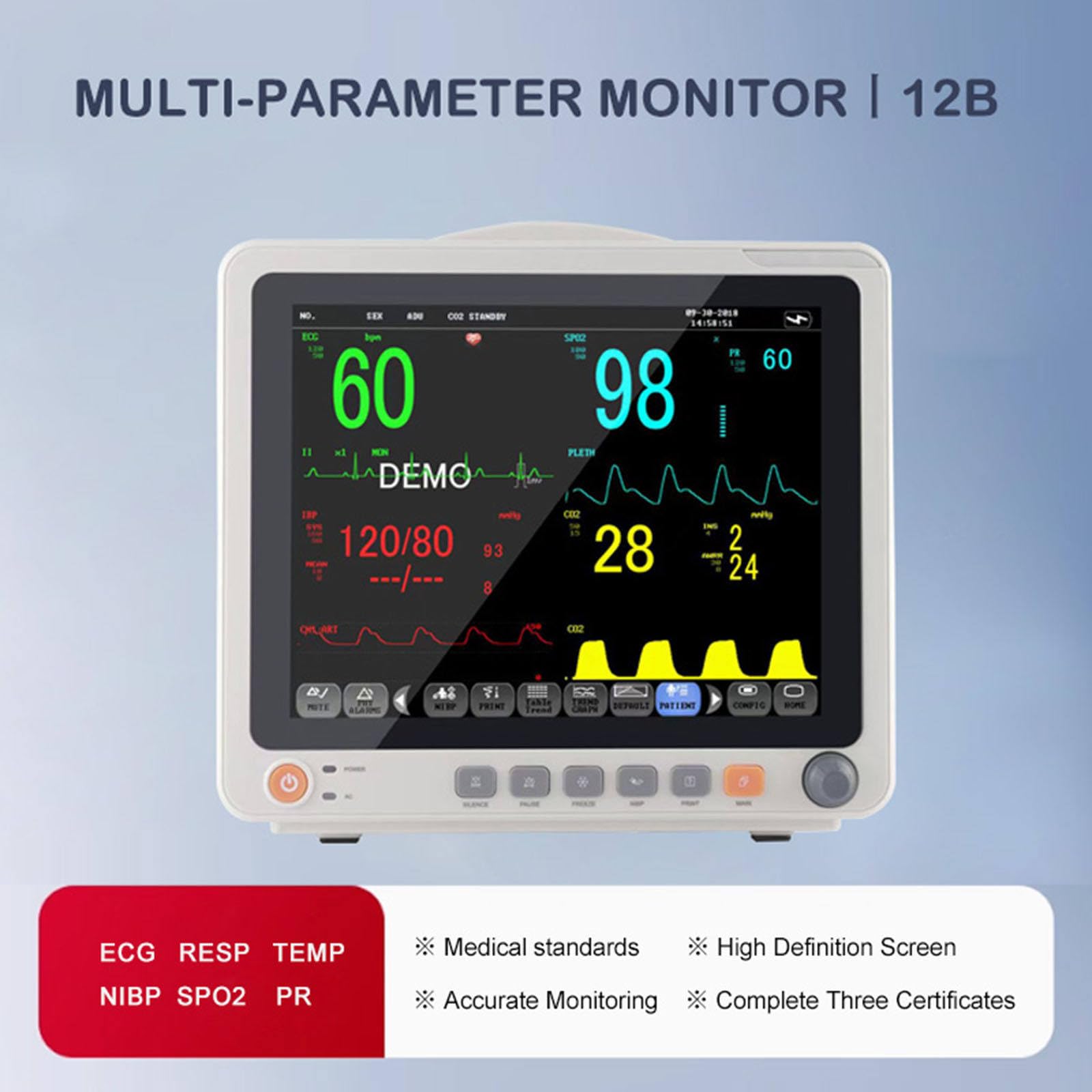 Wieloparametrowy Monitor Pacjenta, Elektrokardiograf, Monitor Ekg Z 12-Calowym Ekranem Dotykowym, 3 Tryby Pracy,Ekg, Parametry życiowe, Oddychanie, Tlen We Krwi, Monitorowanie Ciśnienia Krwi