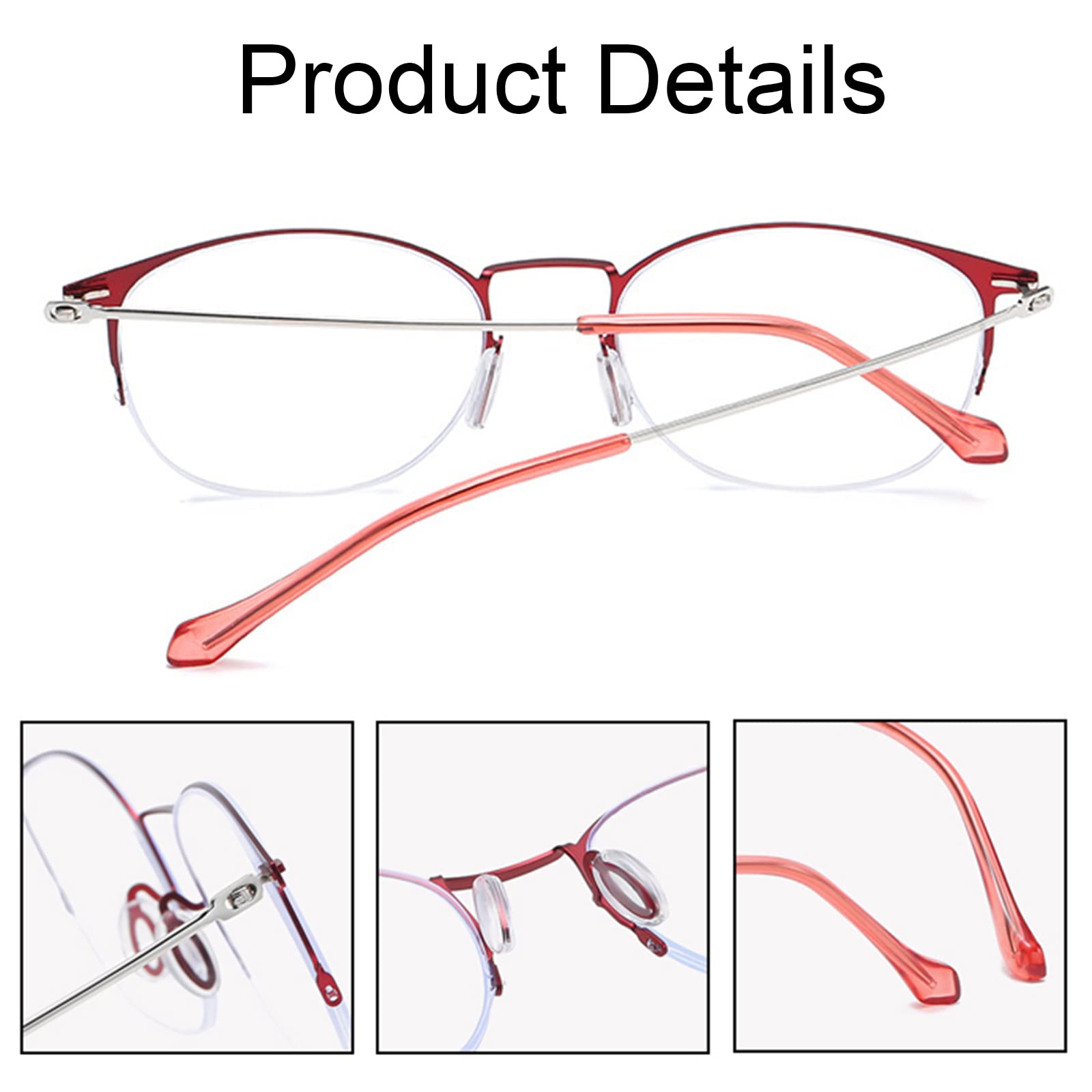 Gafas de Lectura con luz antiazul para Mujer, Gafas de Medio Marco Redondas de Metal para Ancianos, Gafas para presbicia óptica antitensión Ocular, RedSilver-+2.00
