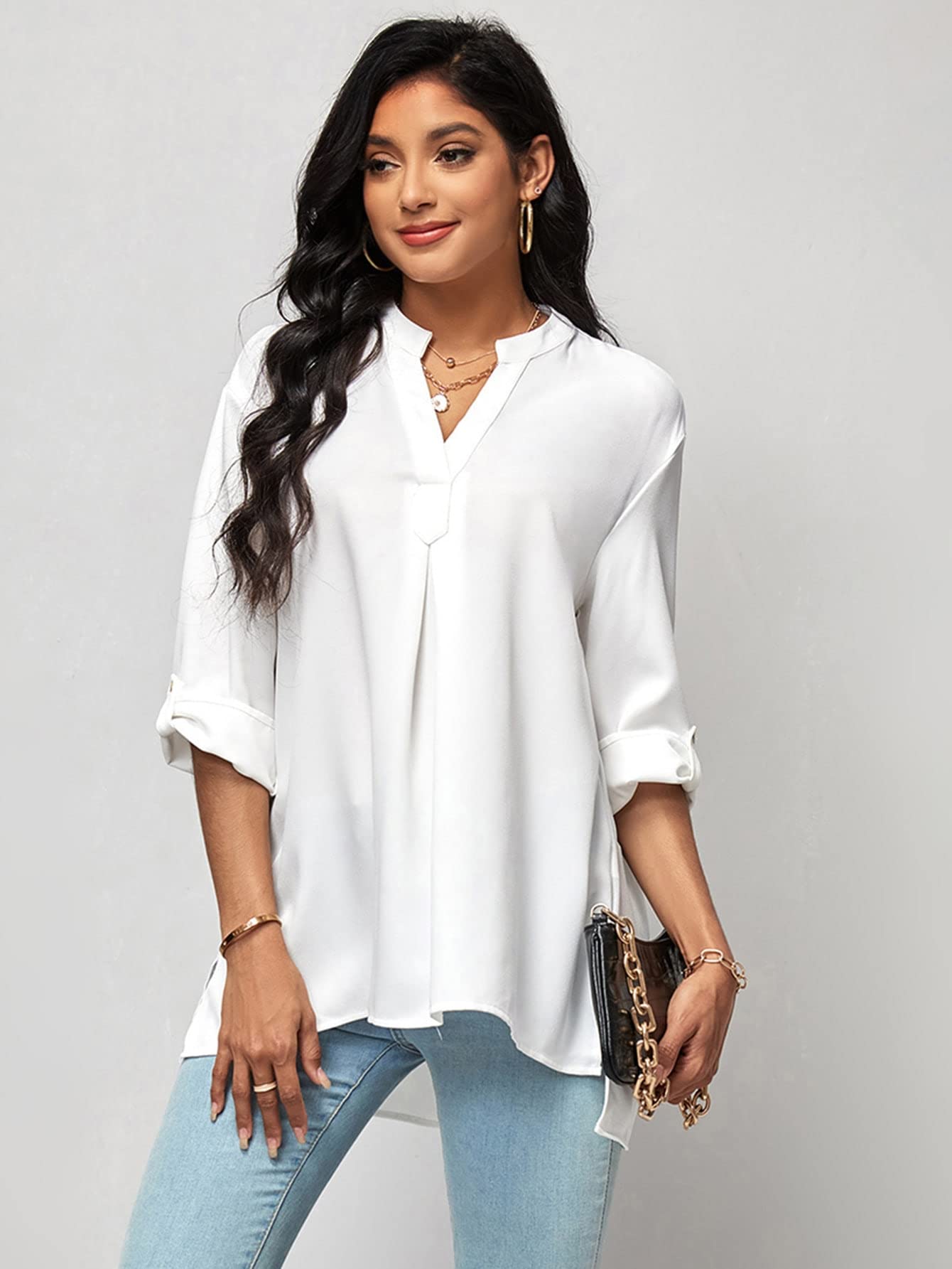 half sleeve high low white blouse