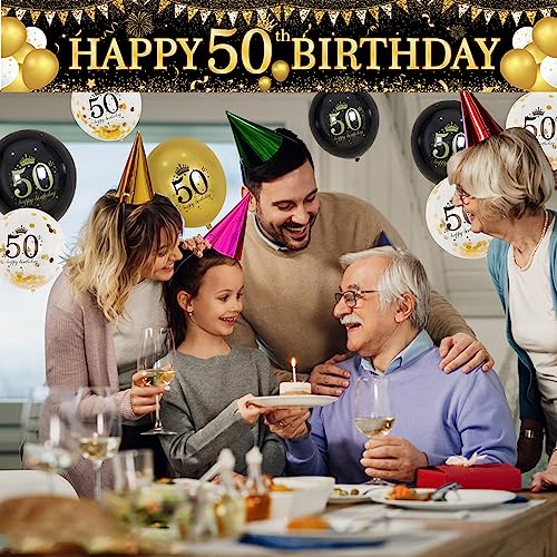 Image of 50th Birthday Decorations - Black Gold 50th Birthday Banner and Balloons for Indoor /Outdoor Parties