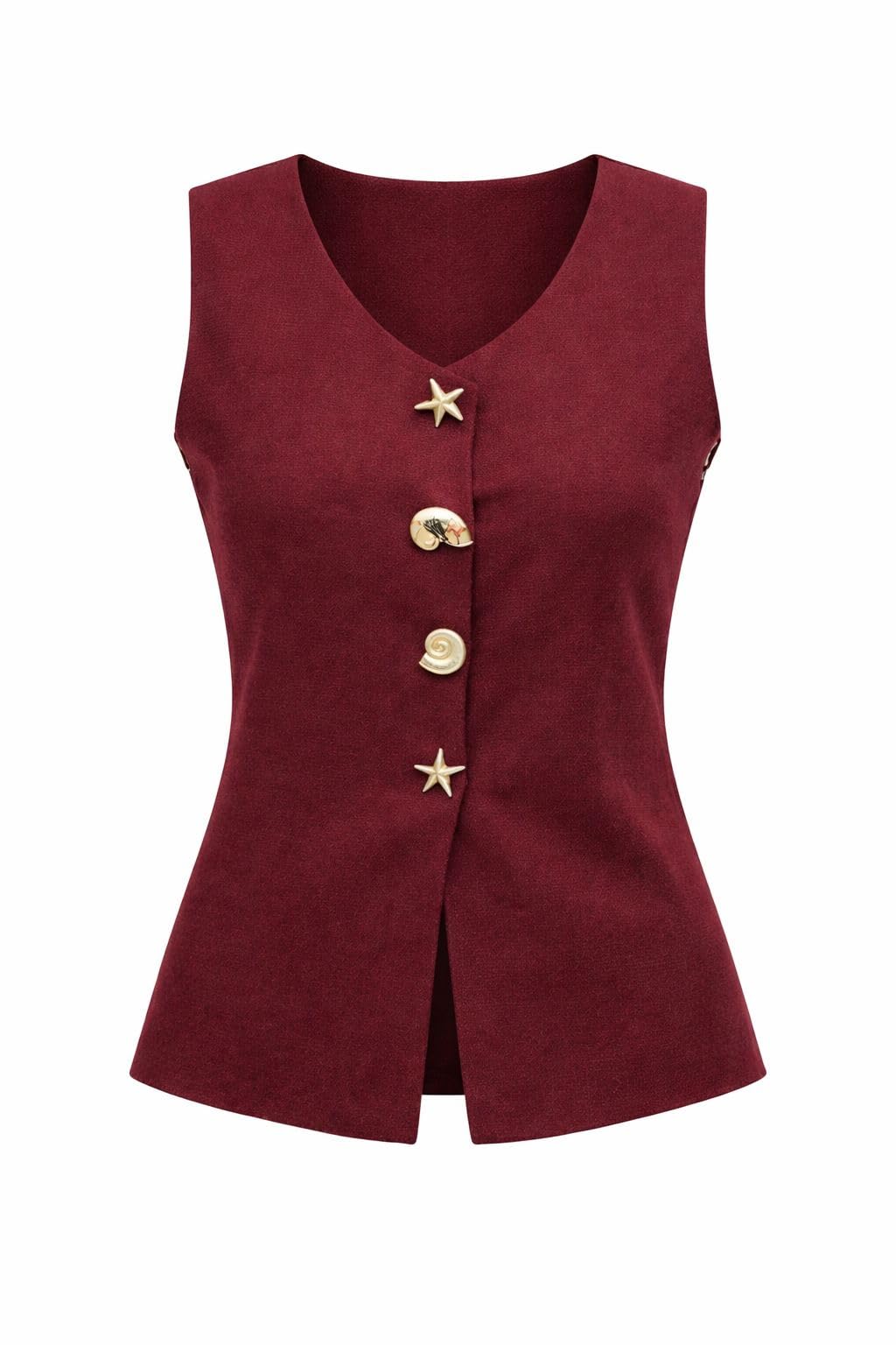 Women's Sleeveless V-Neck Vest Top with Decorative Shell and Starfish Buttons, Burgundy, Western Style-image-1