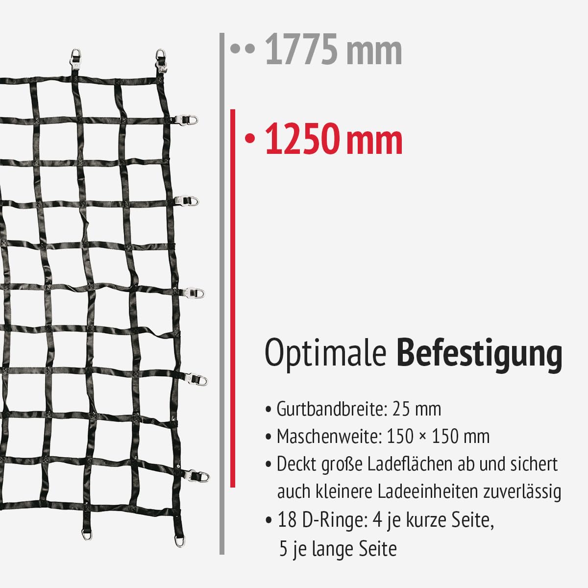 Gurtbandnetz 1775 x 1250 mm für Minivan, Anhänger und Kleintransporter | Ladungsnetz aus PES-Gurtband, schwarz, mit D-Ringen und Adaptergurten | LC: 600 daN