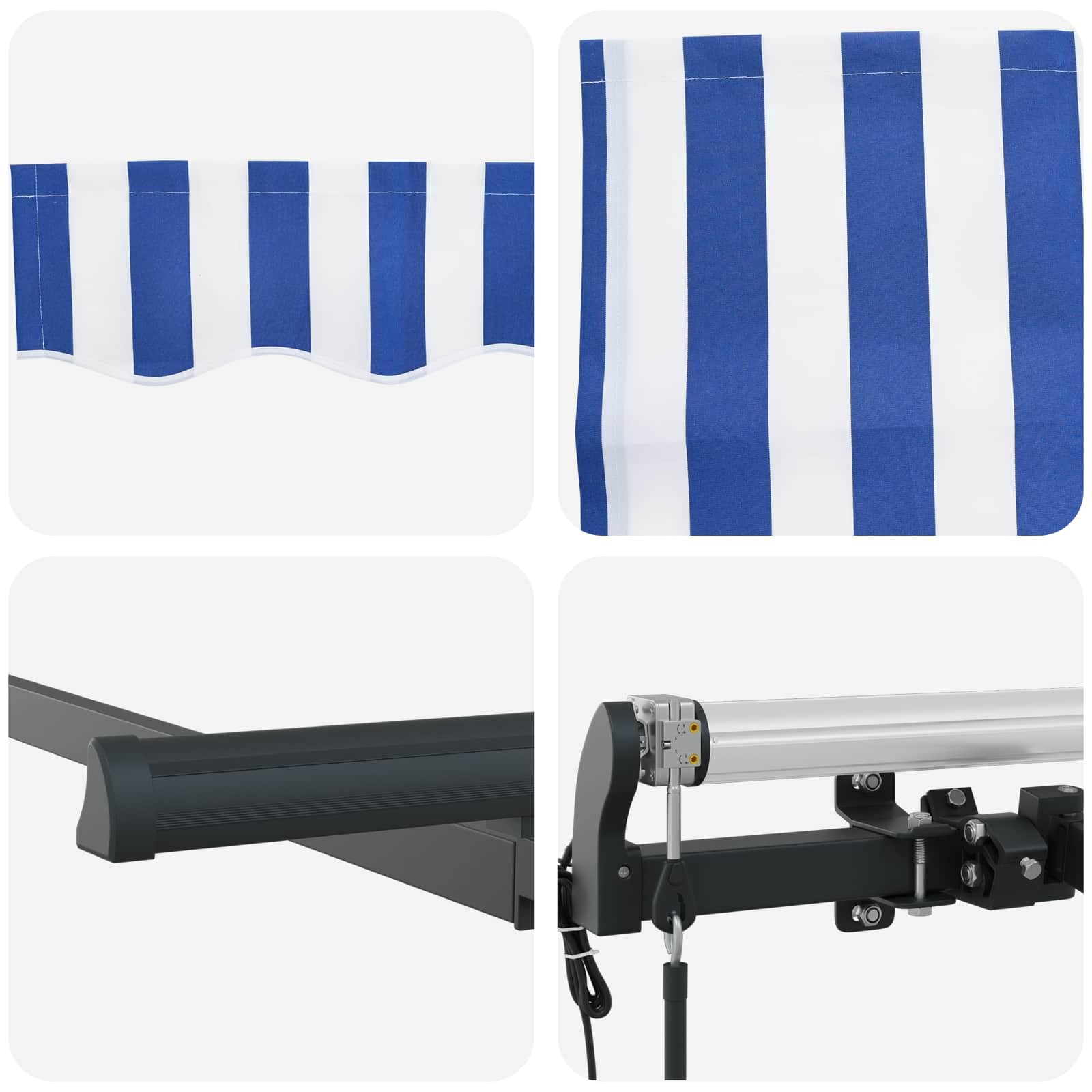 Toldo retráctil de 250 x 200 cm con brazo articulado con mando a distancia, toldo para terraza y balcón, marco de aluminio estable en blanco, tela a rayas en azul