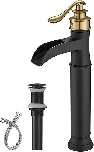 Homevacious Grifo de lavabo de recipiente negro y dorado, grifo de baño de cascada de un solo agujero, grifo de lavabo de cuerpo alto con drenaje