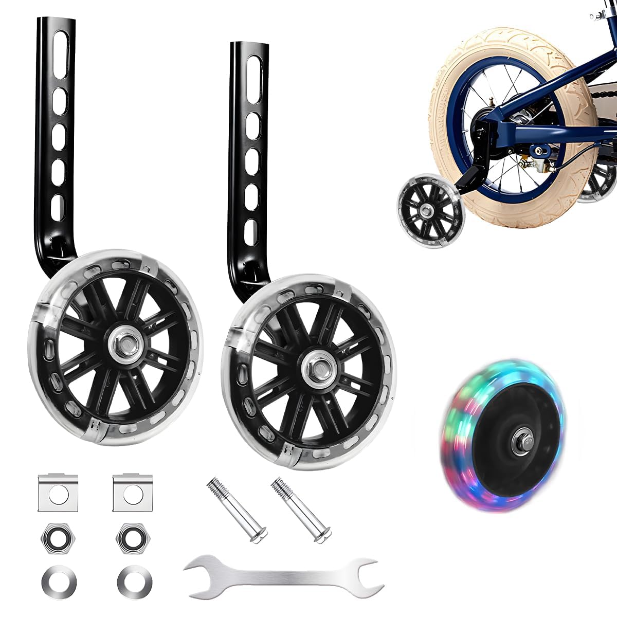 Stabilisers for Childs Bike Training Wheels Adjustable Bike Stabilisers with 12 14 16 18 20 Inch Equipped with Flashing Quiet Wheels Flash Wheels Bicycle Stabiliser Mounted Kit for Boys Girls