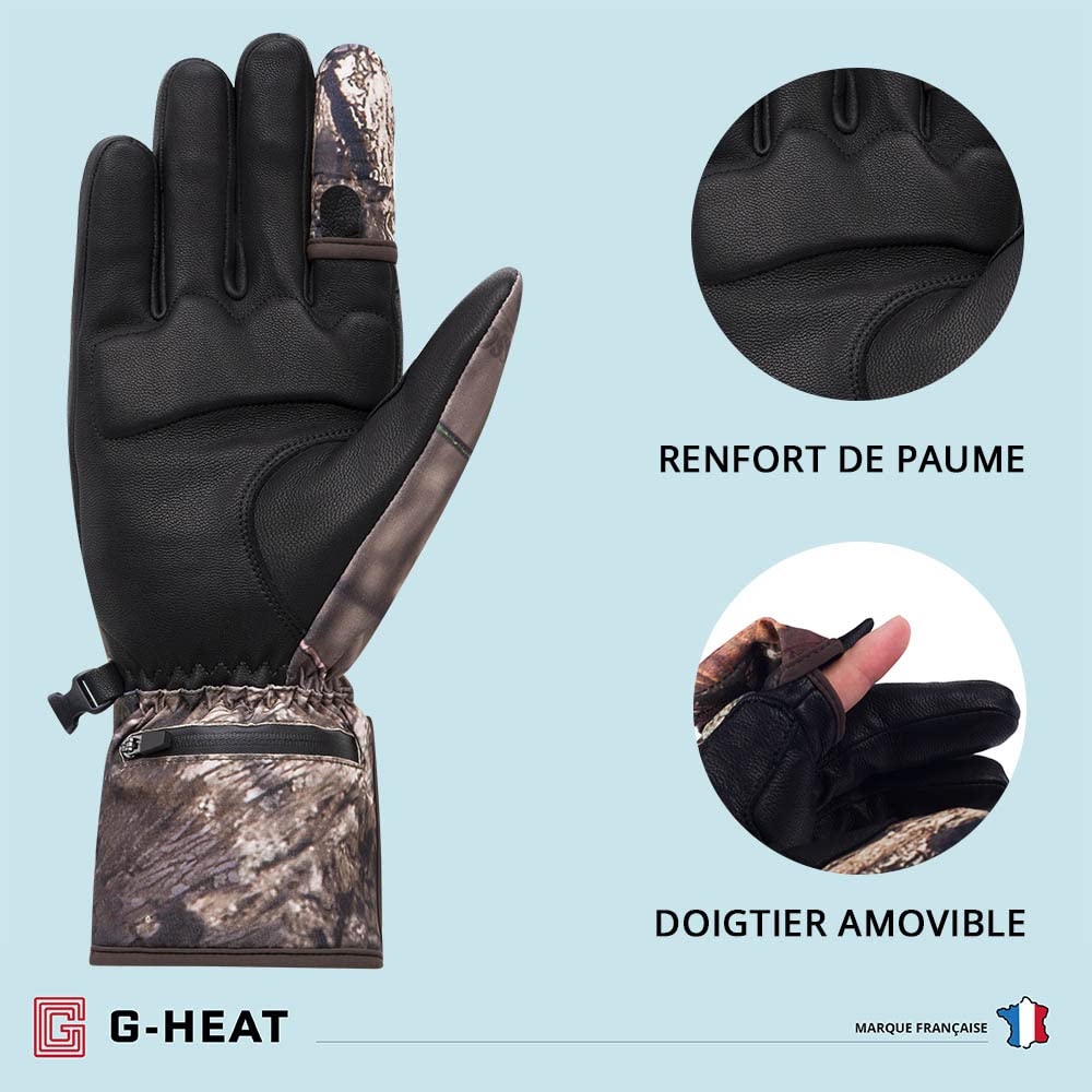 G-HEAT - Gants de Chasse Chauffants Approche - Mixtes - Doigtier Amovible - Résistants - Bonne préhension - Coupe-Vent - Etanches. Fournis avec 1 Paire de Batteries et câble de Recharge