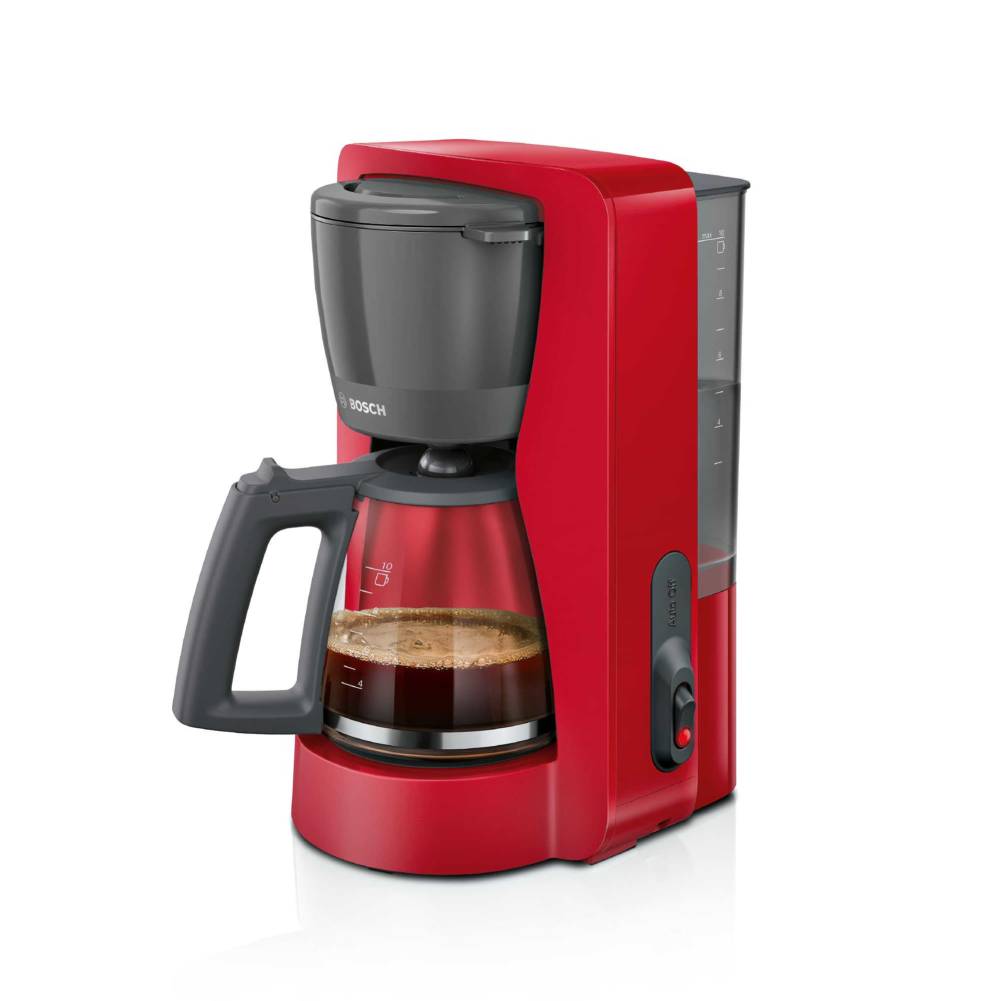Bosch - Cafetera de Goteo, Jarra de Cristal Ergonómica, Depósito de Agua Extraible, Filtro Extraible, Apagado Automático, Anti Goteo, Rojo, TKA2M114