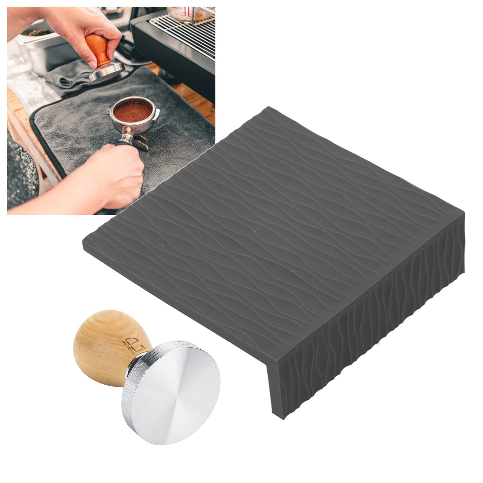 Juego de Compactador de café de 58 Mm con de Haya para Baristas Caseros, Incluye Tapete y Arandelas para Apisonar, Materiales Duraderos de Silicona y Acero Inoxidable (Negra)