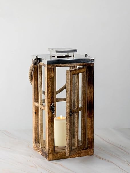 Whispering Homes Ozigo Wooden Lantern and Candle Tealight Holder for Home Decor | Antique Candle Holder | Brown | Medium | Pack of 1