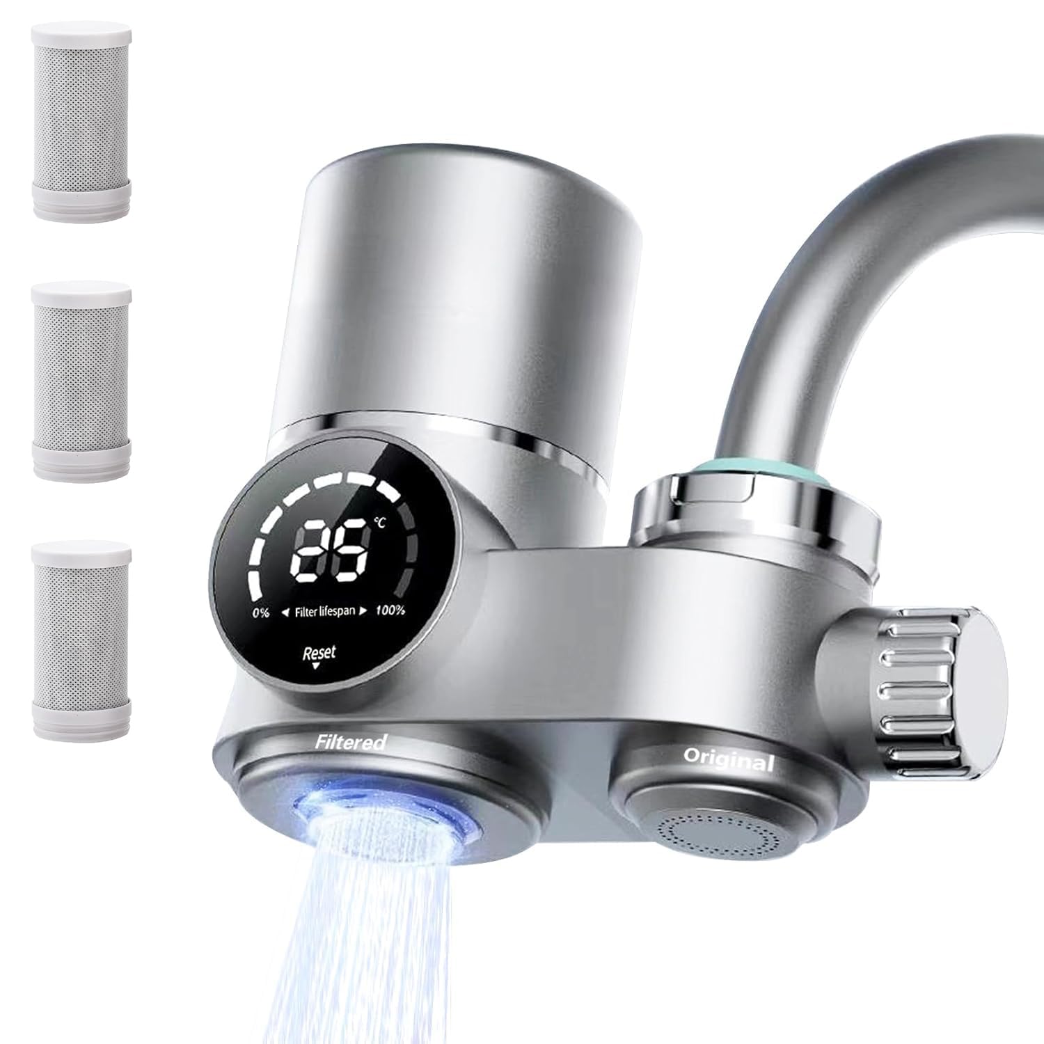 Filtro acqua rubinetto con 3 cartucce, Sistema di Filtro Dell'acqua con UV luce e display LED, Rimuove piombo, cloro e metalli pesanti
