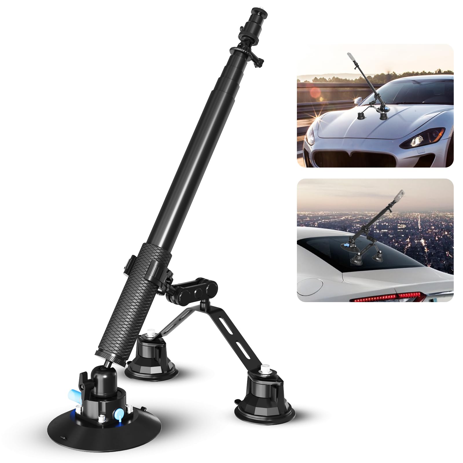 Kit Support Voiture Triple Ventouse + Rallonge 2en1 Poteau/perche Selfie – Noir