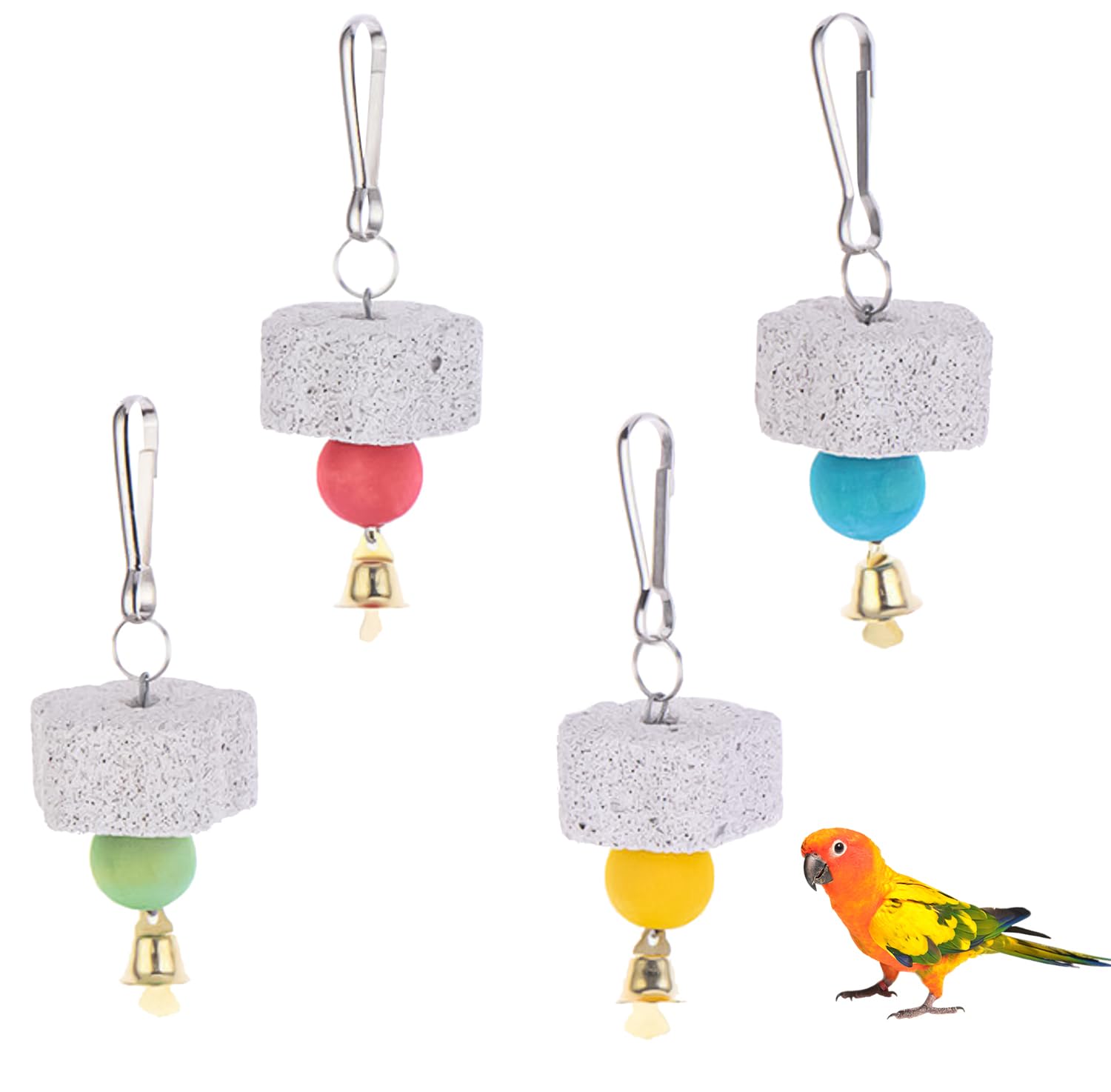 JUFYVO 4pcs Bird Calcium Teeth Grinding Chew Treats Toy Parrot Chew Toy with Bell Bird Beak Grinding Stone Toy Hanging Toy for Parrot African Grey Parakeets