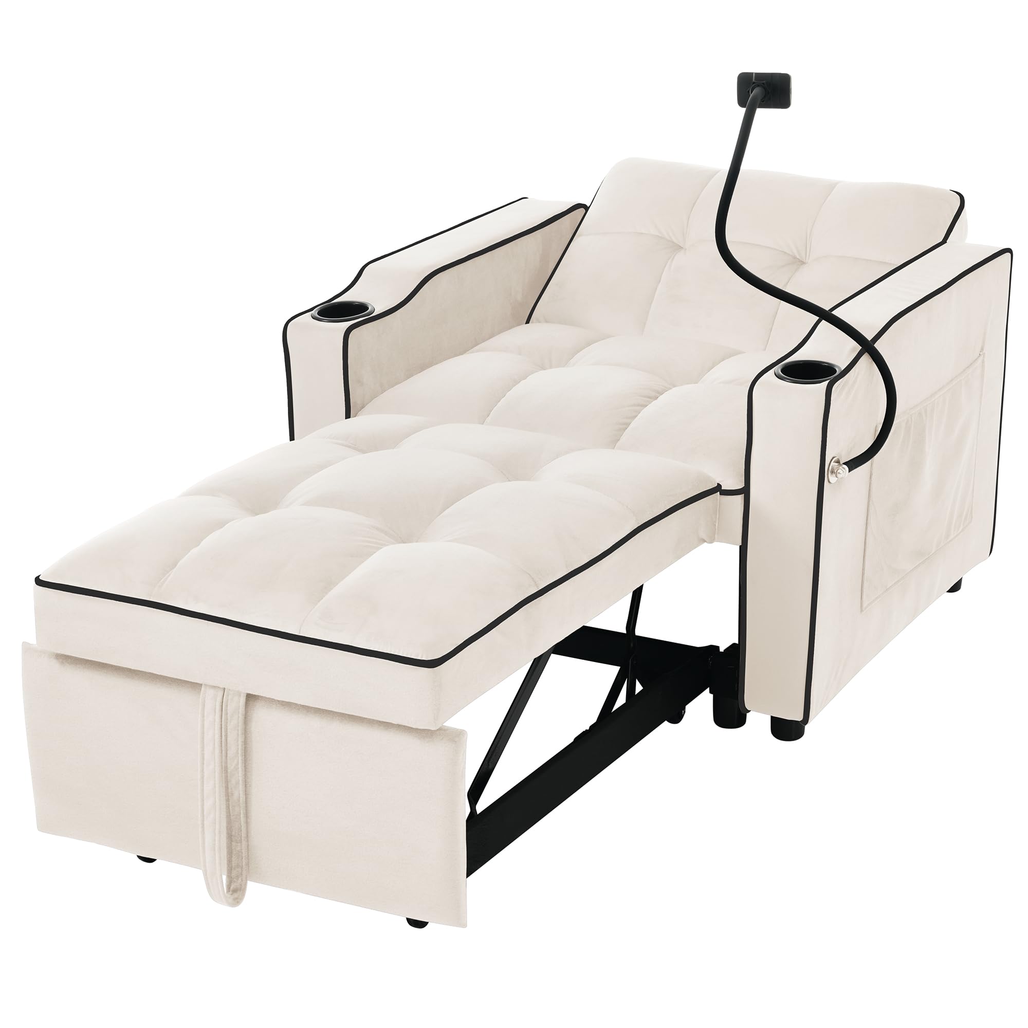 1-zits slaapbank met bekerhouders en telefoonhouder - 83 x 75 x 167 cm - Fluweel - Beige
