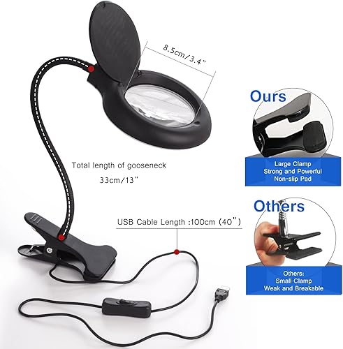 Miniatura 6 de Lámpara de aumento 5X con abrazadera, lámpara de escritorio LED de lupa iluminada manos libres alimentada por USB, para herramientas de pintura de