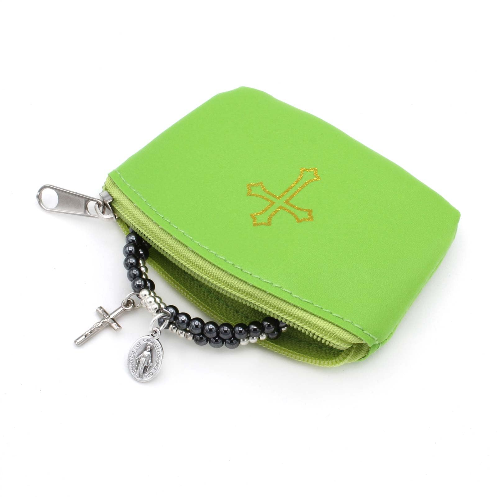 Rosary Pouch with Gold Cross Design and Zipper, Vinyl, no gemstone