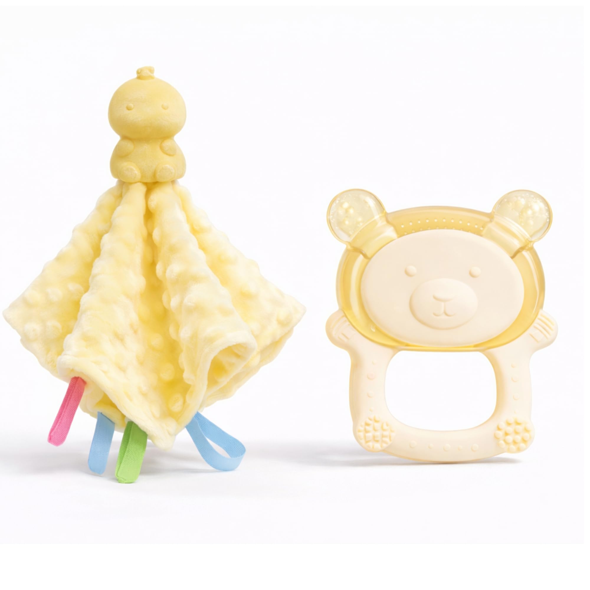 Bloomรฉ Baby Teething Gift Set for Newborns โ Baby Security Blanket Comforter with Silicone Topper + Cooling Bear Teether Ring โ BPA Free Sensory Toy, (Yellow/Blue/Grey) (Milky Yellow Set)