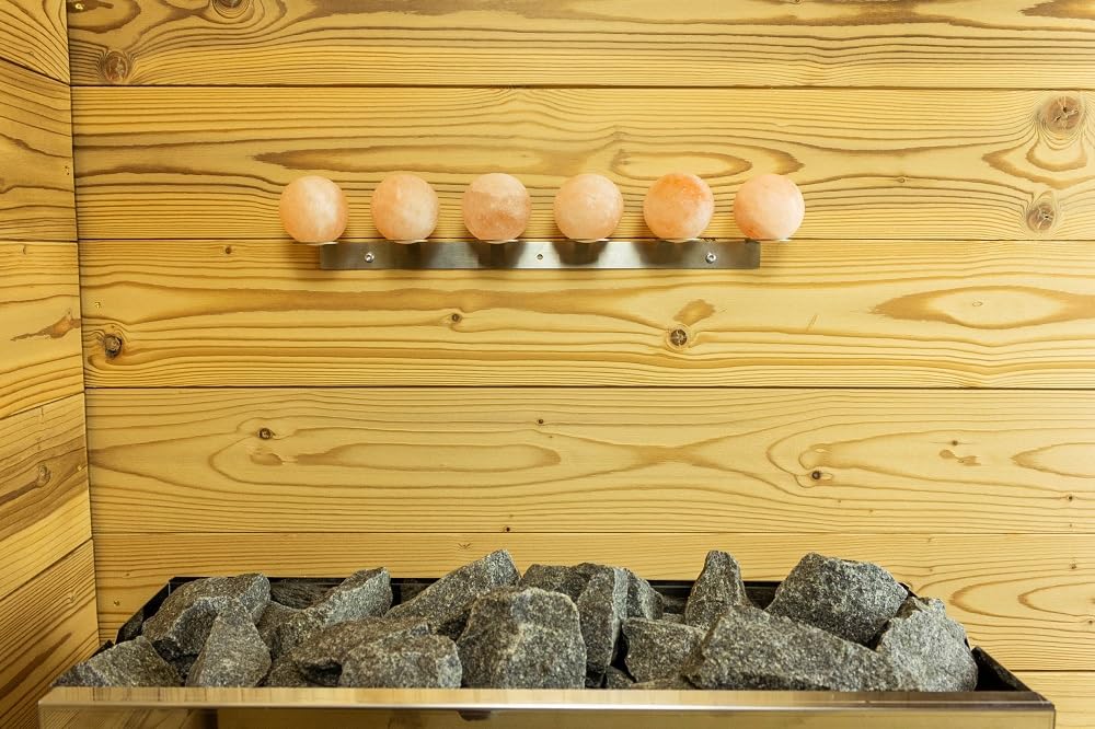 Boules de sel de l'Himalayan avec support mural en acier inoxydable - Purificateur d'air naturel pour sauna (3 pièces avec support mural)