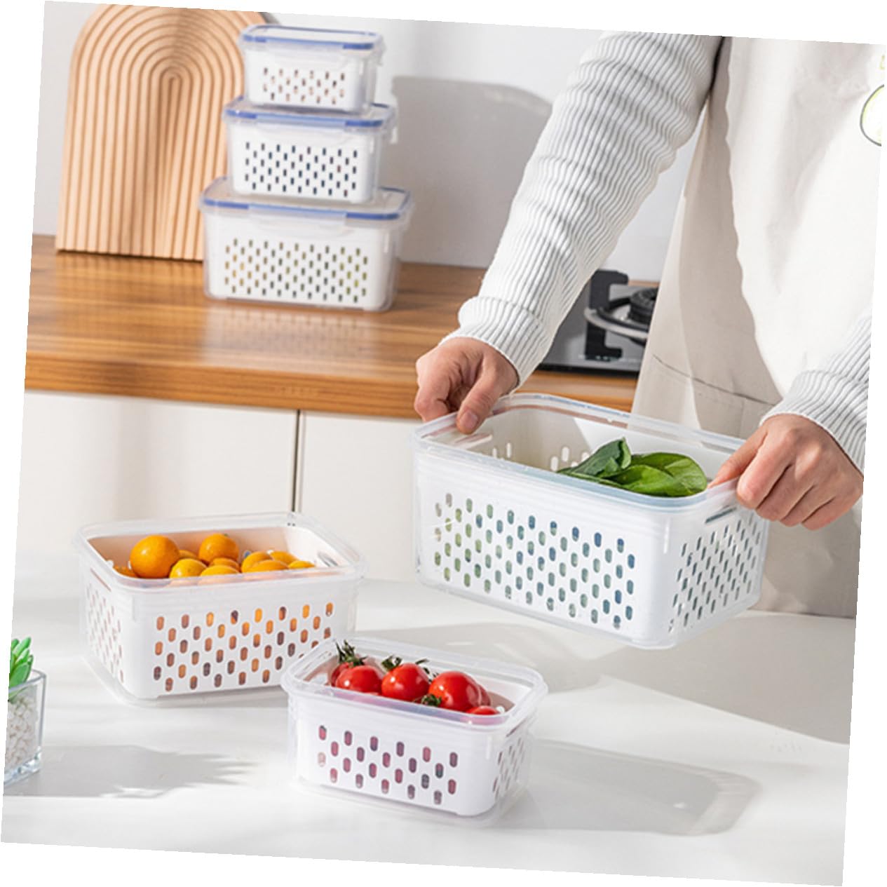 Alipis 3 Stück Kühlschrankbox aus Pp mit Deckel und Abtropfkorb | 850 Ml, 1750ml und 3300ml, Weißes, Herausnehmbarer Einsatz für Obst und Gemüse