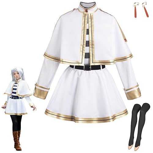 Frieren Cosplay White Outfit Women Cape Shirt Skirt Socks - White - Small