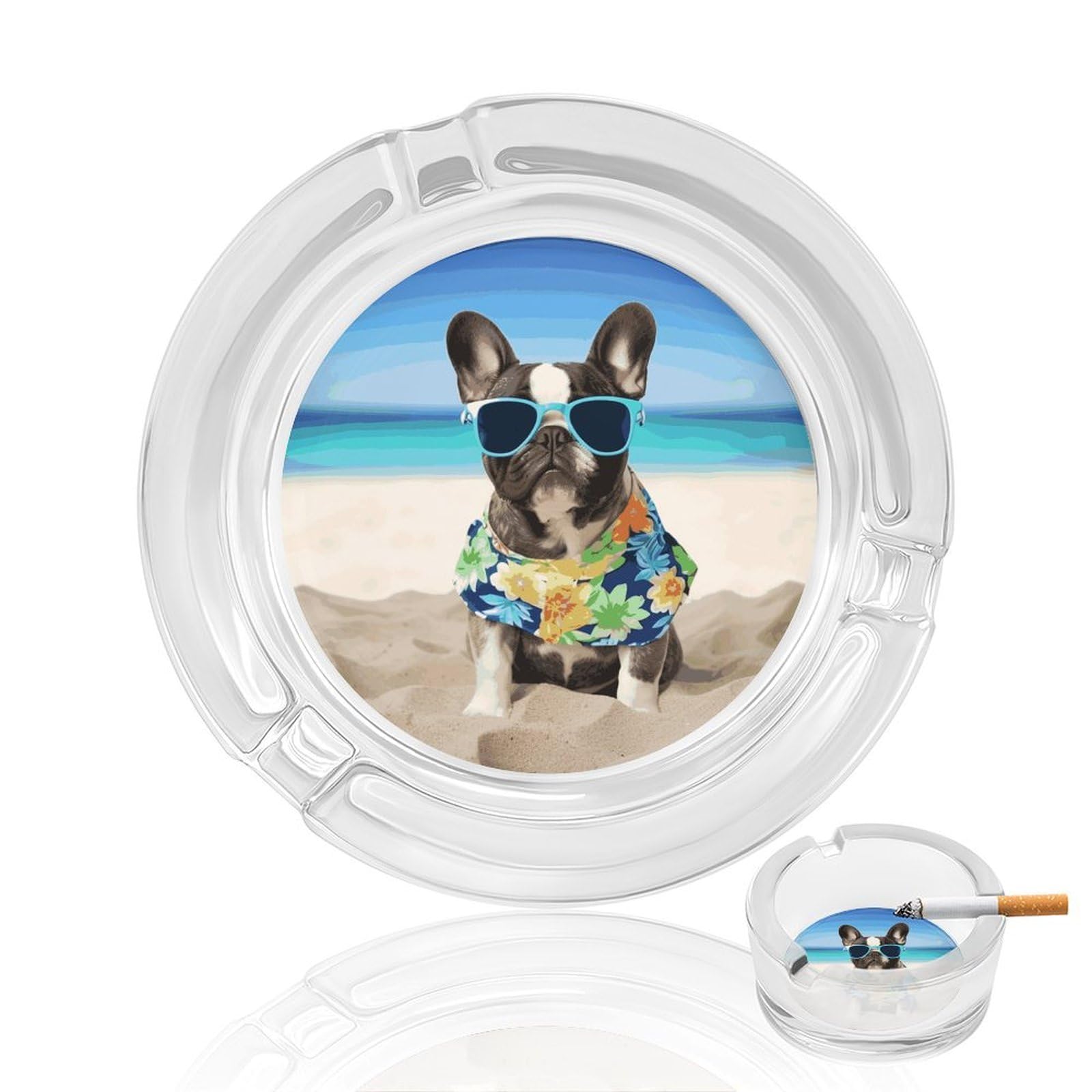 French Bulldog Summer Glass Ashtray for Cigarette,Cigarette Ashtray for Indoor Or Outdoor Use,Cigar ash trays case with 3 Notches-Glass Decor Gift for Men Smokers