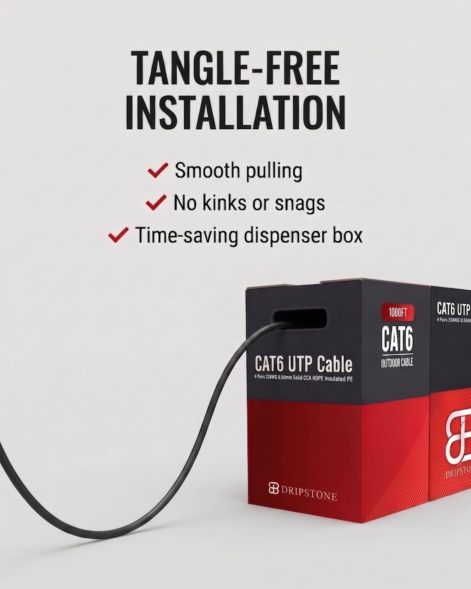 DRIPSTONE CAT6 Direct Burial Ethernet Cable 23AWG Solid CCA UTP, Waterproof HDPE Insulated, Polyethylene (PE) Jacket for Indoor/Outdoor Installations (Black - 1000ft)