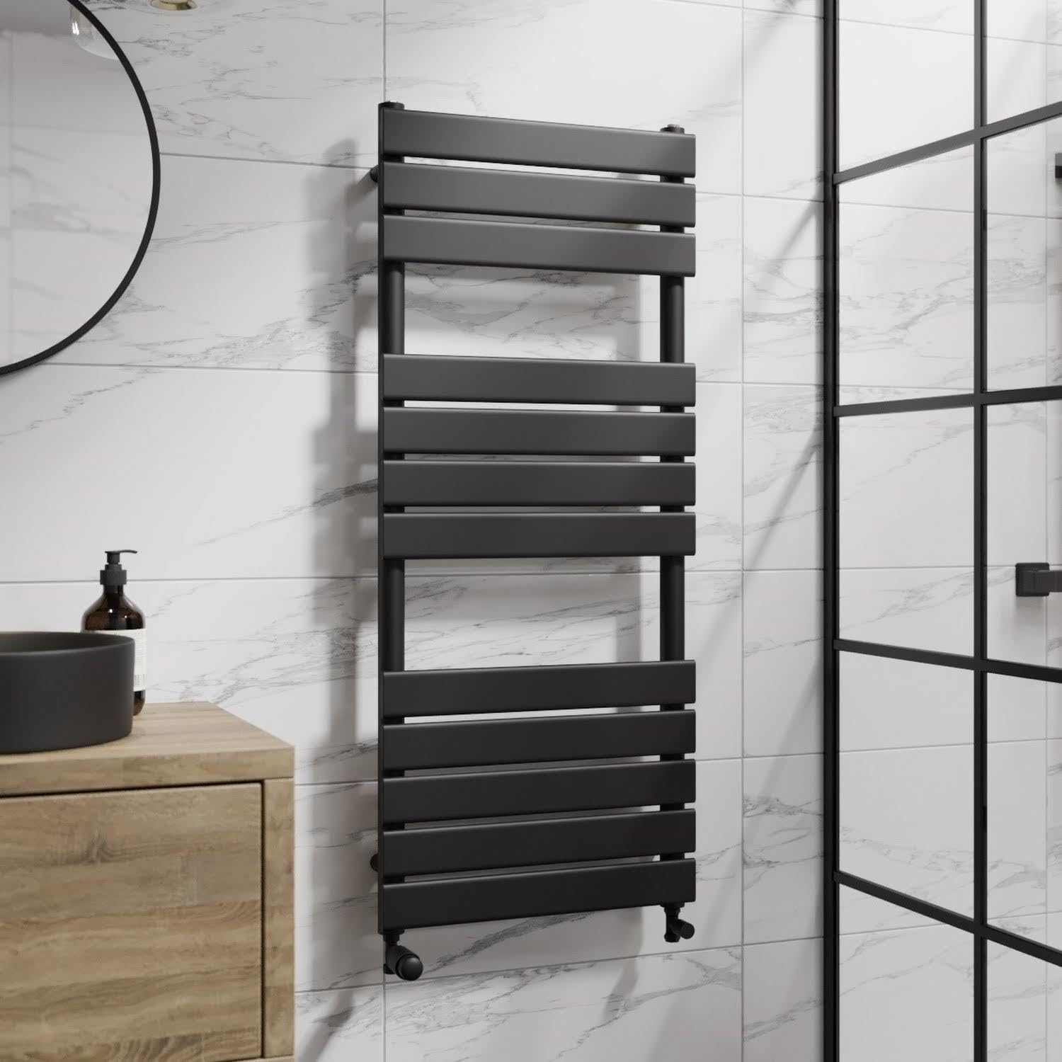DuraTherm Heated Towel Rail Radiator for Bathrooms Wall Mounted Flat Panel Ladder Matt Black 1200 x 500mm