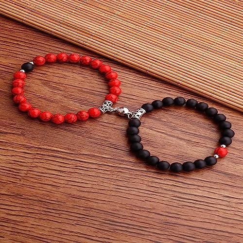Image of Fashion Frill Stylish Couple Bracelets Black & White Red Natural Stone Onyx Stretchable Wrist Band Heart Magnetic Bracelet For Women Men Boys Girls Love Gifts Friendship Promise Bracelets