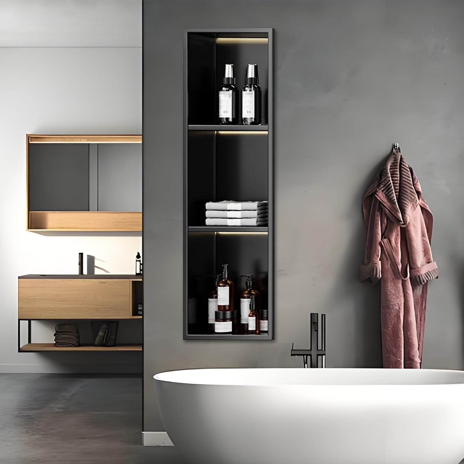 QUSYZD Wall Recess Stainless Steel Shower Niche for Living Room, Lounge, Bathroom, No Tiles Required, Bathroom Storage Niche, Matte Black,with Light,120x28cm,With Light-90x28cm