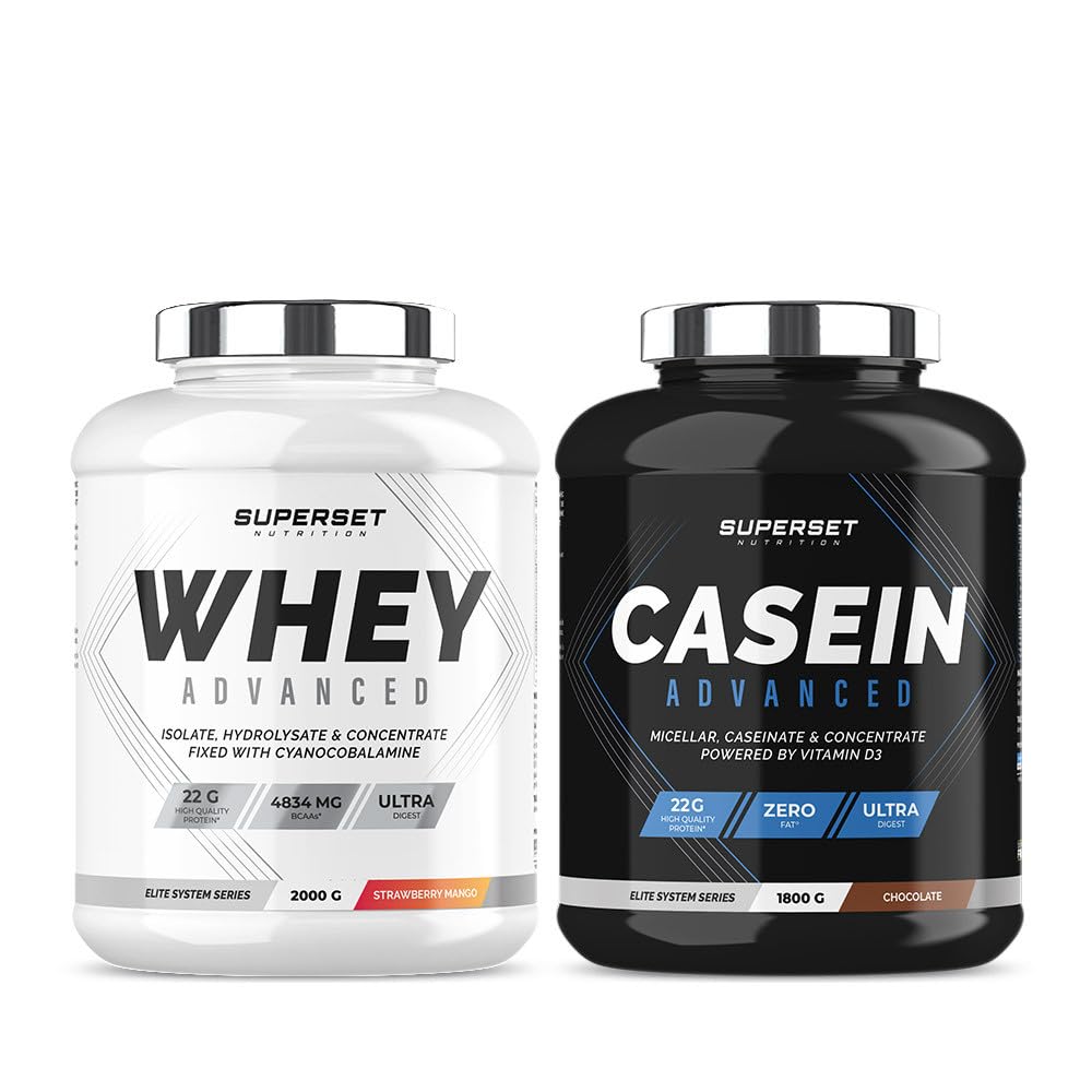 Superset Nutrition | Programme Gain De Muscle Jour & Nuit - 100% Casein Advanced Chocolat - 100% Whey Proteine Advanced 2kg Mangue Fraise