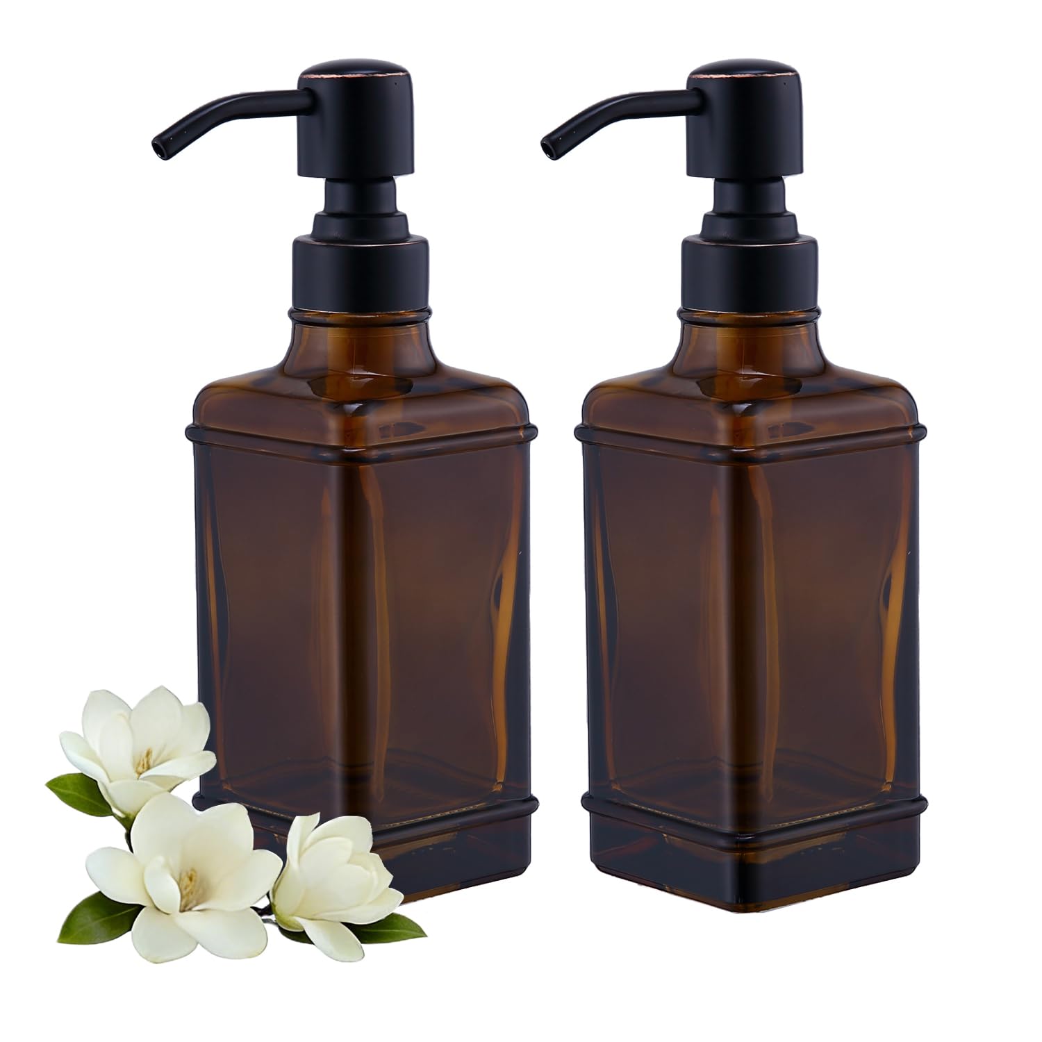 Dispenser di sapone per le mani, confezione da 2, con bottiglia di vetro ambrato spesso dal design antico, 325 ml, in acciaio inossidabile antiruggine 304, pompa in bronzo lucidato a olio, 6