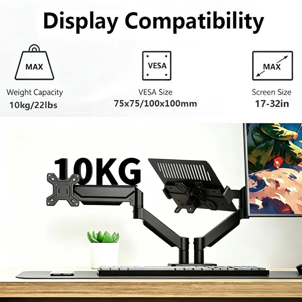 Supporto Per Doppio Monitor, Braccio Ergonomico Da Scrivania Per Monitor Da 17 A 32 Pollici – Portata Fino A 10 Kg (22 Lbs) – Regolabile In Altezza, Girevole, Inclinabile E Ruotabile