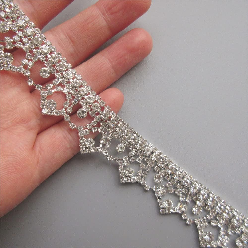 2 Yards Gold Silver Rhinestone Crystal Trim Chain Crown Crystal Metal Chain Ribbon Sew On DIY Necklace Bags Shoes Dress Garment Decoration Accessories (Silver)