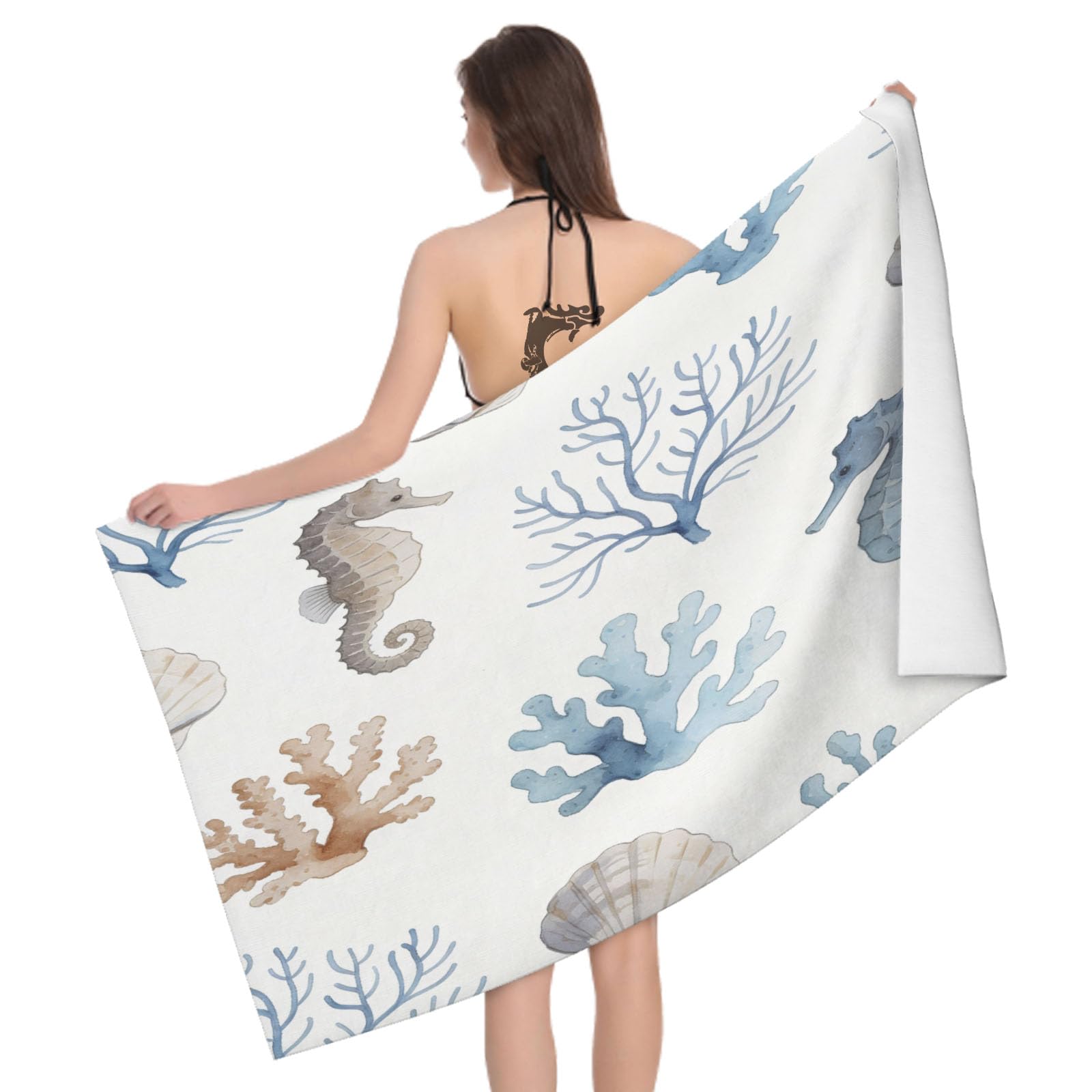 Leichong 3D 3D Seahorse Beach Towel Microfiber Soft Quick Dry for Adults, Coral Shell Bath Towel Lightweight Soft Absorbent for Travel Swimming Pool Sports, 75 x 150 cm