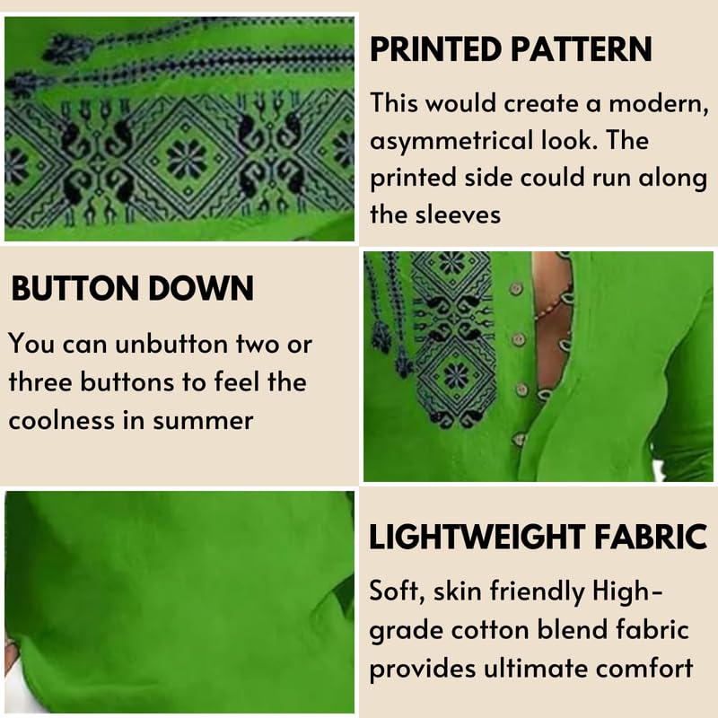 Image of DEELMO Men's Cotton Blend Mandarin Collar Self One Design Full Sleeve Casual Short Kurta Green-New