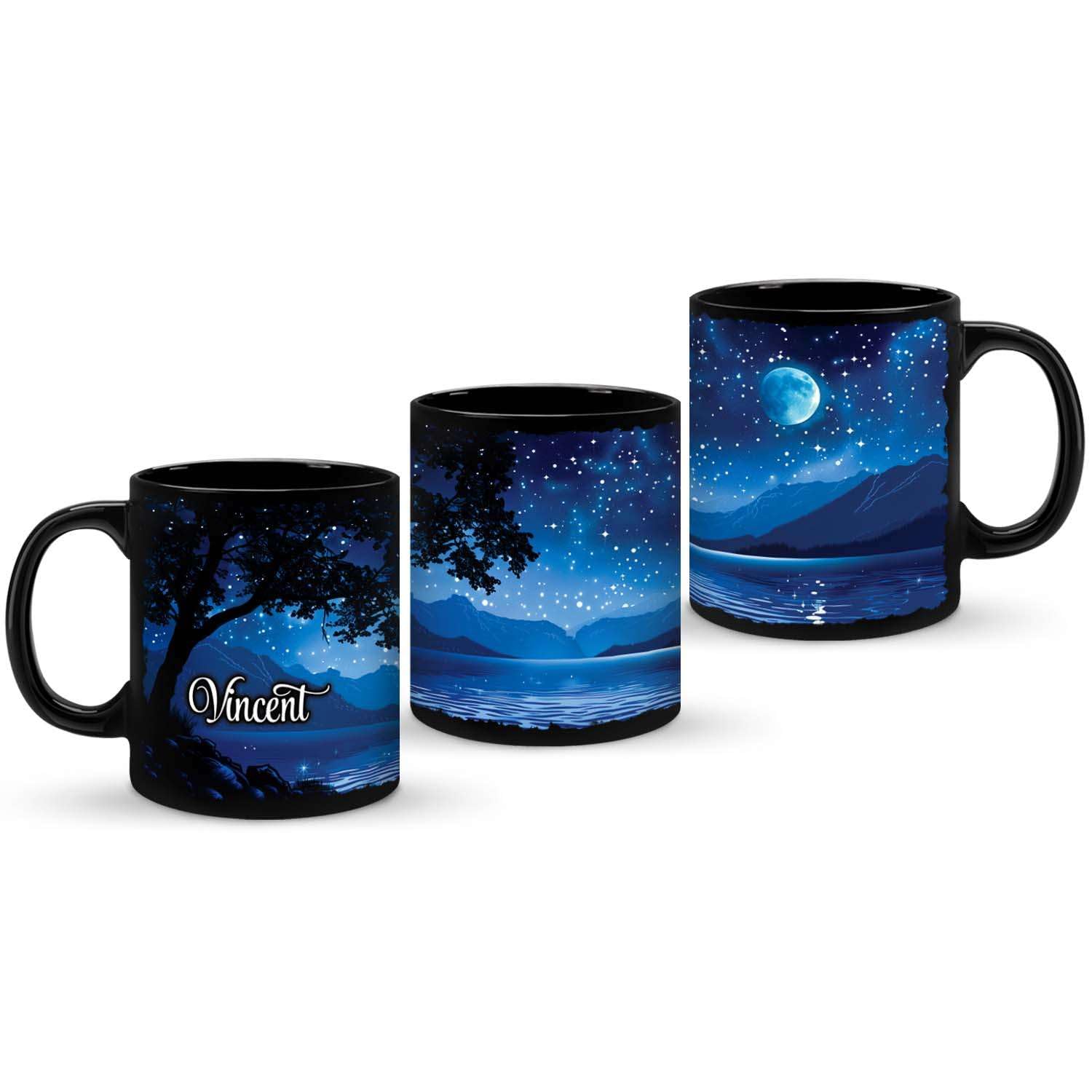 Night Sky Landscape Ceramic Mug, Personalized Moon And Stars Coffee Cup, Nature Themed Full Wrap Mug 11oz 15oz, Customized Name Mountain Lake Scene