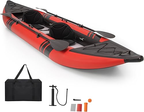GYMAX Kayak inflable, kayak tándem de 12.5 pies y 507 libras con 2 remos de aluminio, 2 asientos acolchados, reposapiés, 2 aletas, bomba de mano,