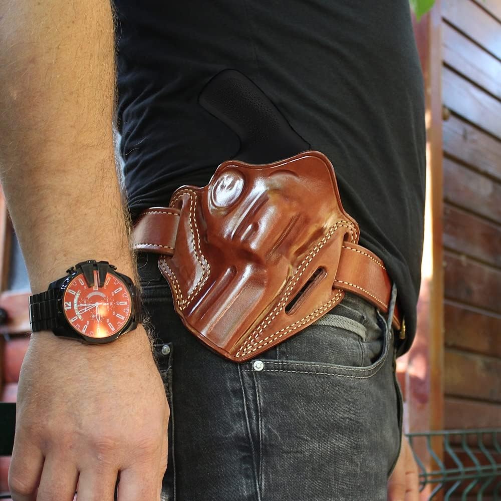 Masc Premium The Ultimate Leather OWB Pancake Holster with Open Top fits, The Judge (3-inch cyl) 4510 Steel Frame 3-inch, (Please Choose Your Hand Draw) Brown Color