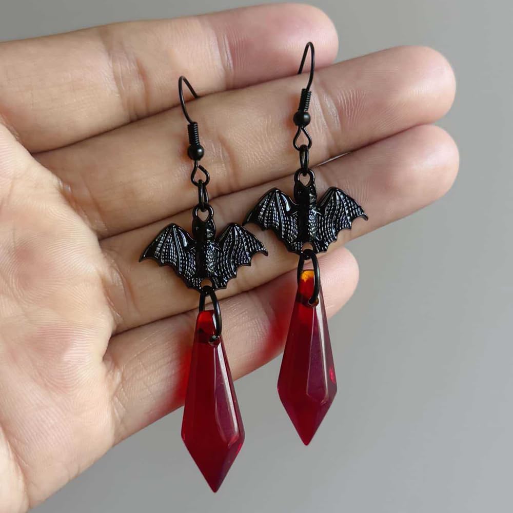 Gothic Dark Bat Earrings for Women Red Crystal Gems Vampire Dangle Earrings Punk Rock Style Bats Earring Halloween Costumes Jewelry for Women - Image 3