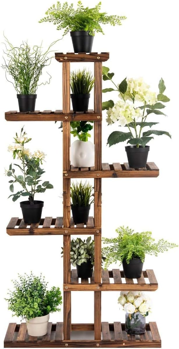 GRAFFY 6 Tier Flower Rack Wood Plant Stand, Flower Pot Holder 7 Shelves, Bonsai Display Shelf with Hollow Design, Multifunctional Storage Rack, Outdoor Indoor Flower Rack for Yard Garden Patio Balcony