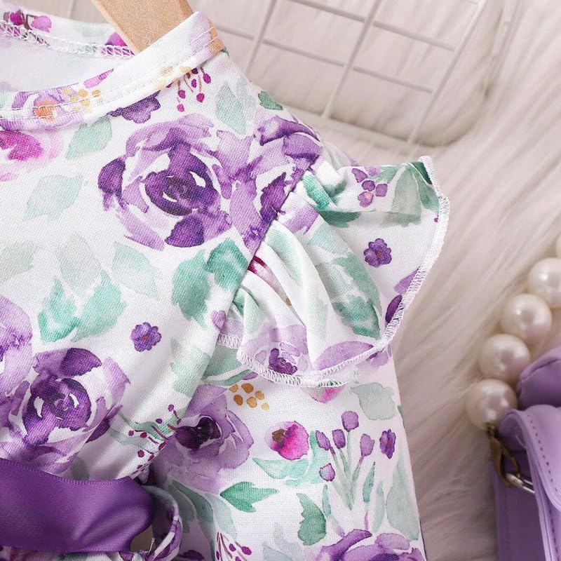 Image of Niren Enterprise Long Sleeve Printed Flower Belted Round Neck Baby Girl Frock with Knee-Length and A-Line Style
