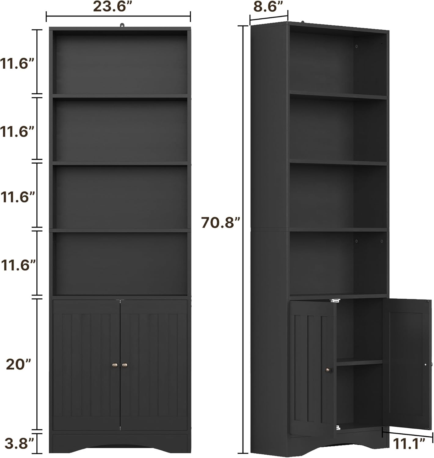 Gizoon Bookcase, Bookshelves and Bookcases, 71” 6-Shelf Bookcase with Doors, Floor Standing Display Storage Shelves, with Adjustable Shelves, for Home, Office, Living Room, Bedroom, Black - Image 3