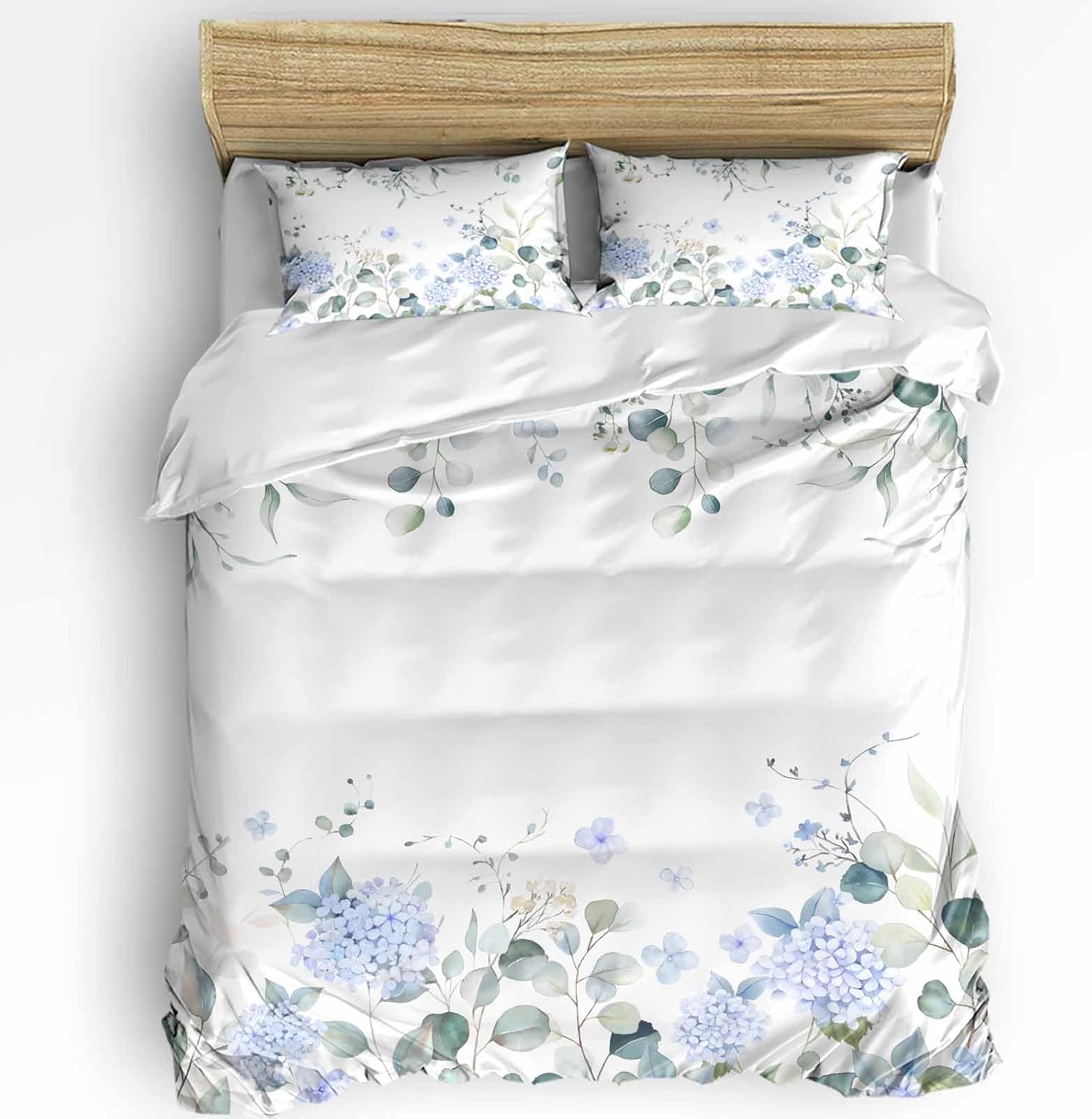 Duvet Cover Set Full, Watercolor Blue Hydrangea Flower 3 Piece Bedding Set Breathable Quilt Cover Set, Green Eucalyptus Leaves Soft Microfiber Bed Set with Pillow Shams