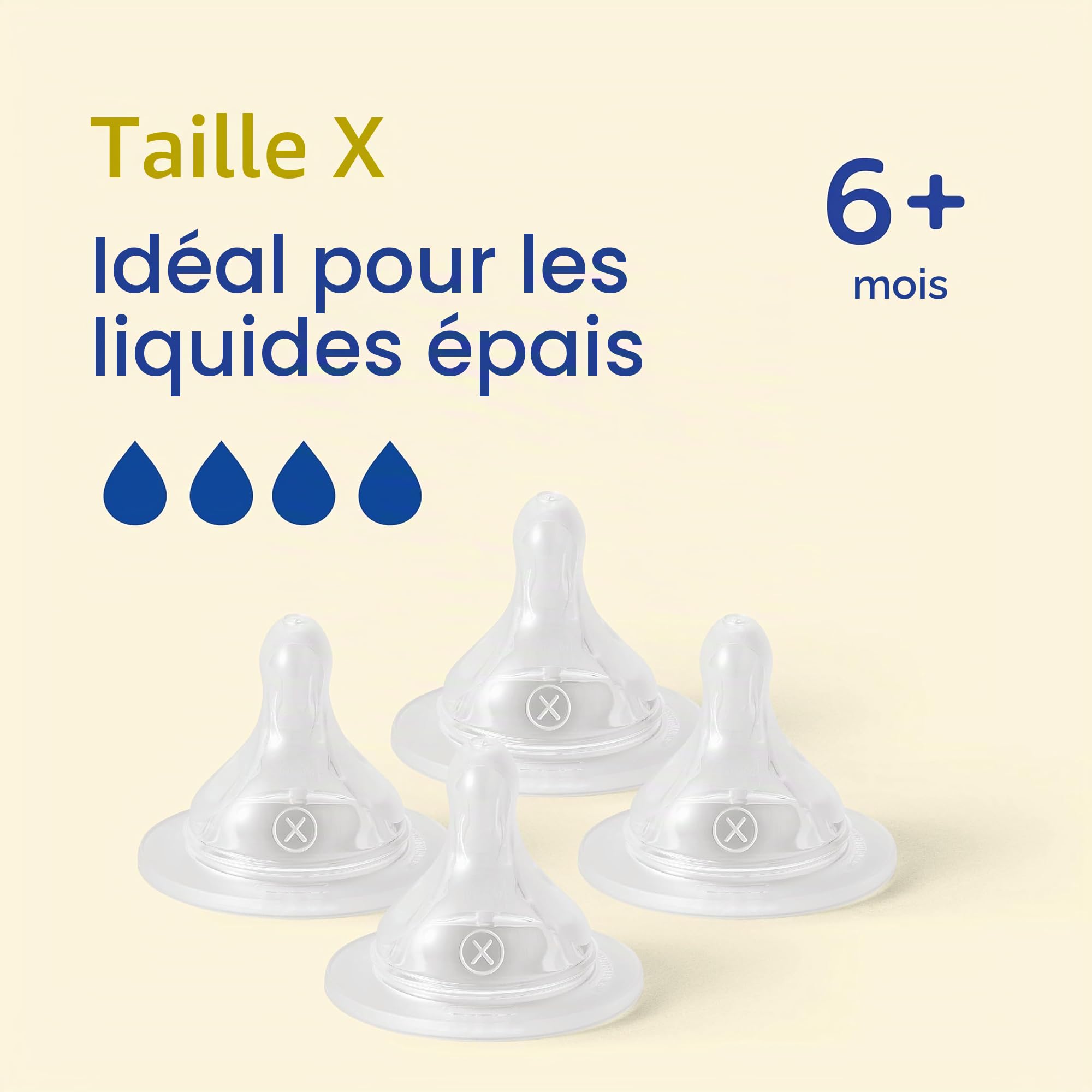 MAM Tétines Taille X | Lot de 4 | Conçues pour les liquides plus épais | Convient à partir de 6 mois et plus | S'adapte à tous les biberons MAM | Fabriquées avec du silicone SkinSoft | Accessoires